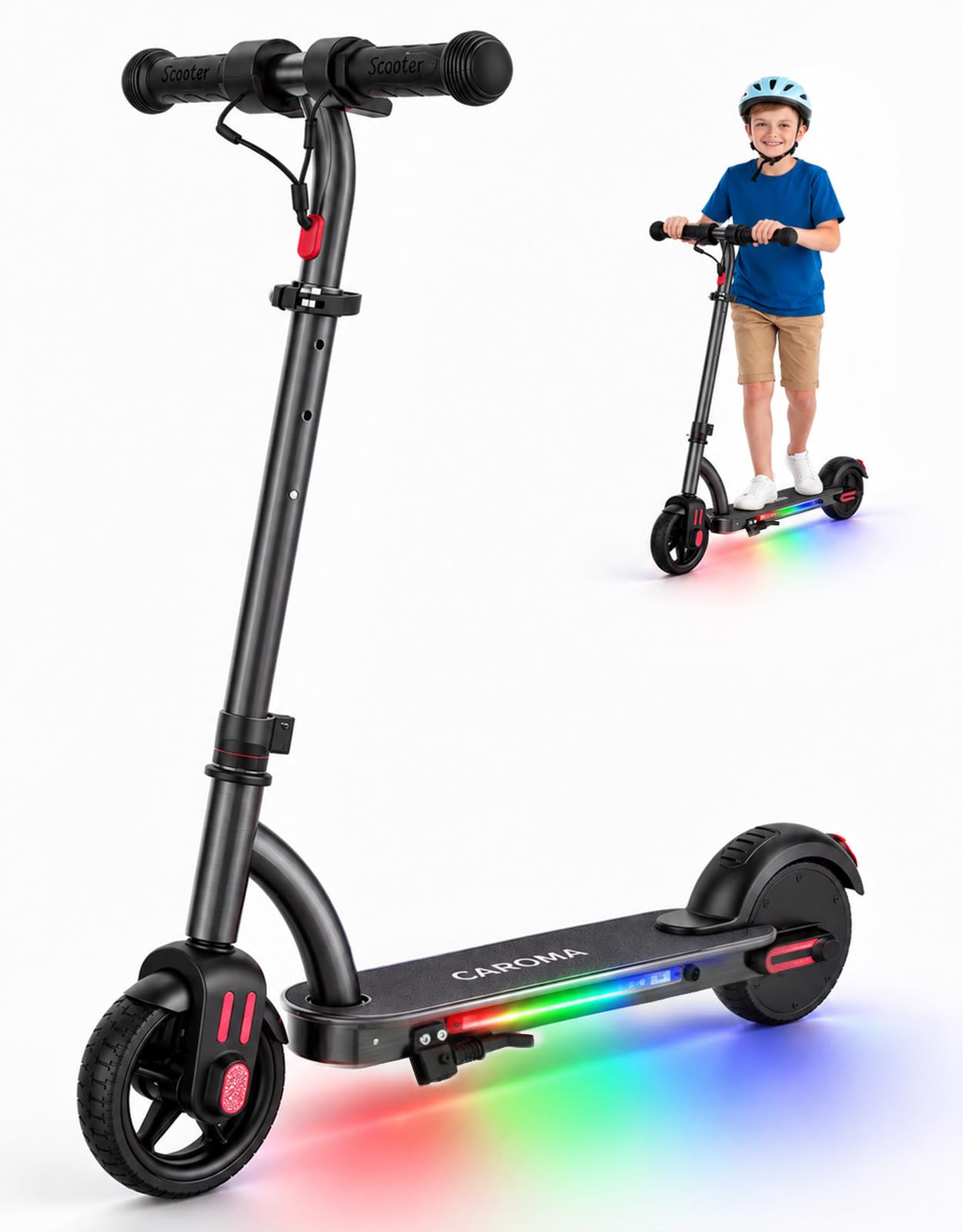 Caroma Trottinette électrique pour Enfants, 150 W, réglable en Hauteur et Pliable, écran LED et lumières colorées, Trottinette électrique pour Enfants de 6 à 12 Ans