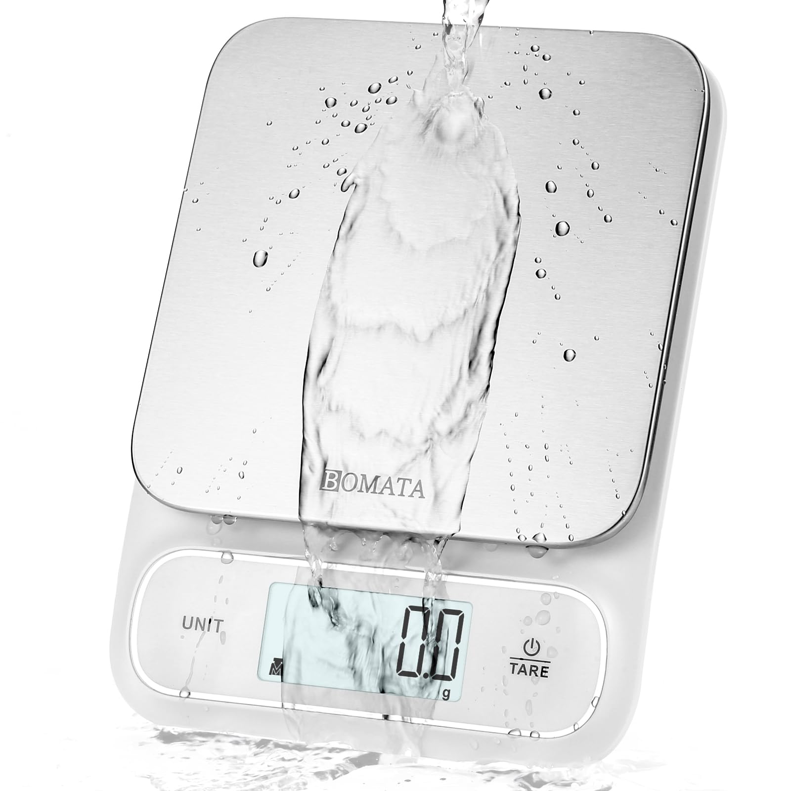 BOMATA bilancia da cucina impermeabile IPX6, alta precisione di 0,1g, con display digitale retroilluminato, piattaforma di pesatura in acciaio inox, alimenti, cucina, pasticceria, ecc. B619 Bianco