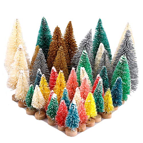 PovKeever 40Pcs Mini Colorful Cedar Trees Kit Sisal Snow Frost Trees with Wood Base Bottle Brush Trees Plastic Winter Snow Embellishment Desktop Trees Crafting Party Props