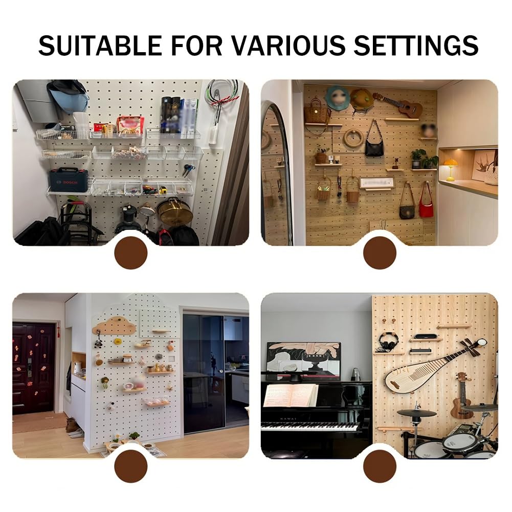 Estante de madera para tablero de clavijas, kit de panel de almacenamiento de pared con clavijas y separadores de madera, estante flotante y almacenamiento colgante para dormitorio, apartamento