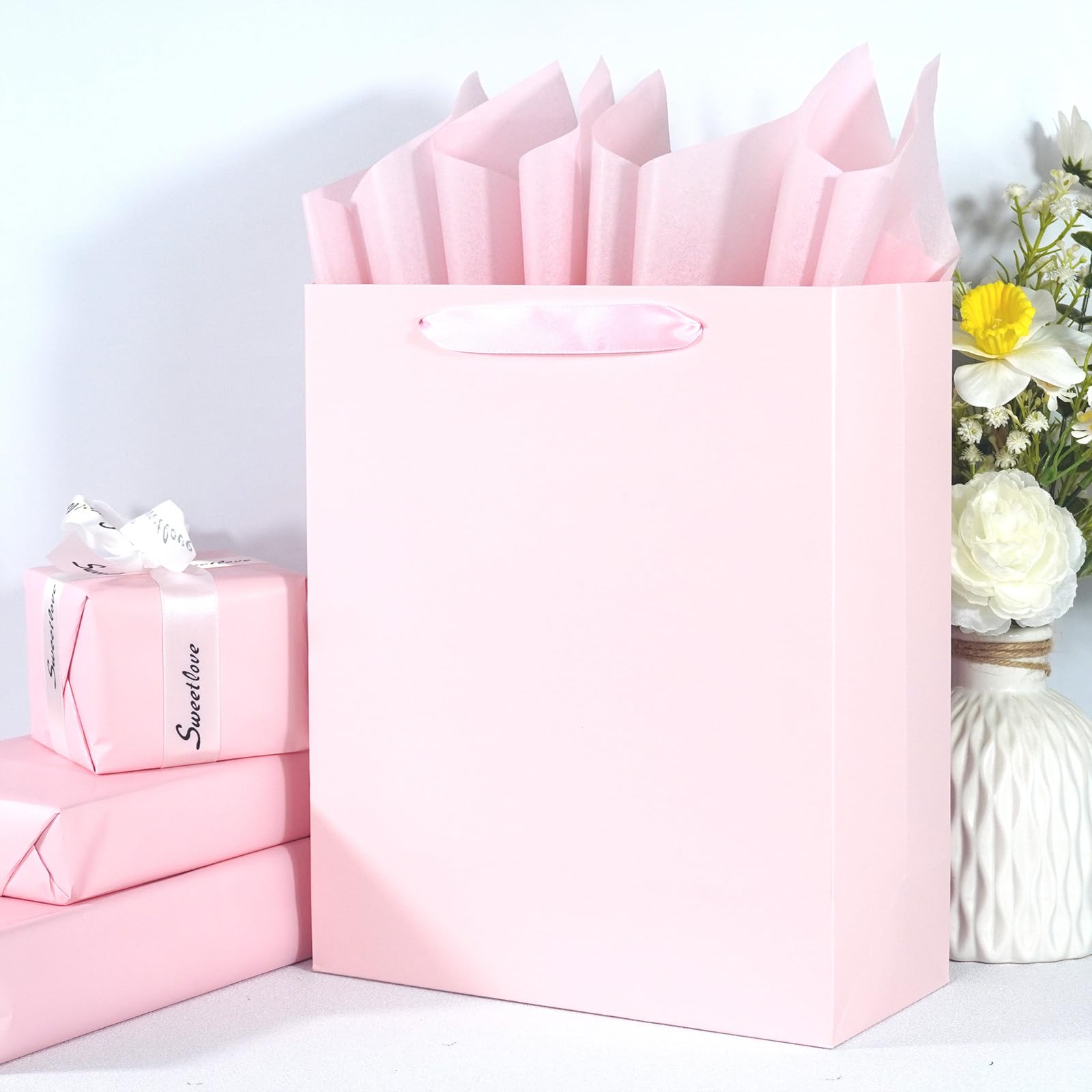 Elegant Pink Gift Bag 10.2"x4.7"x12.2" with Ribbon Handles, Includes Card and Tissue Papers, Perfect for Birthdays, Weddings, Parties, Holidays, Baby Shower
