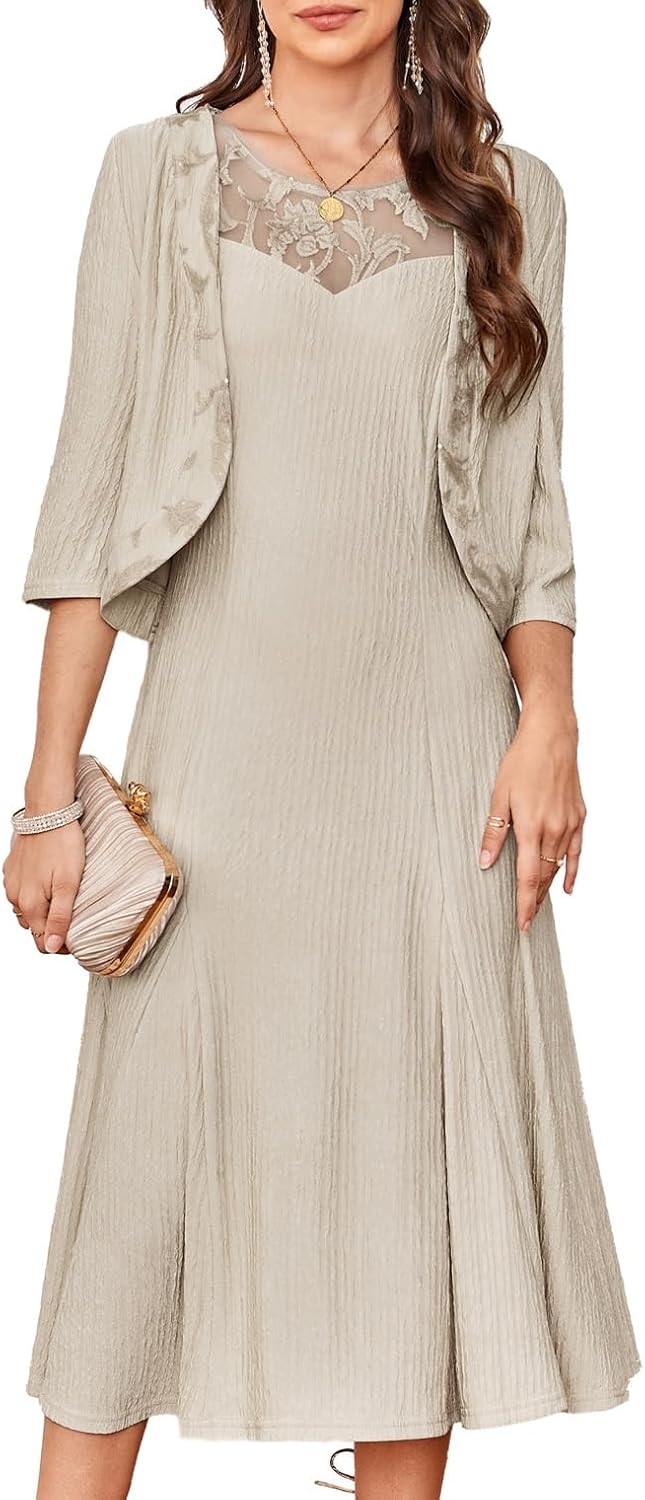 GRACE KARIN Mother of The Bride Dress - Wedding Guest Formal Evening Dress - Lace Sequins Midi Dress with Jacket