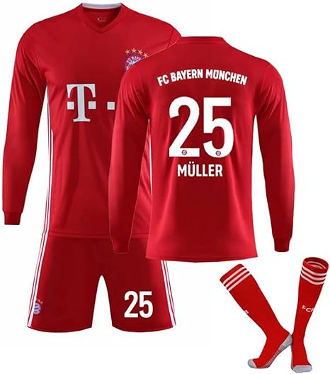 Amazon Co Jp サッカーユニフォーム子供大人用 ミュラー 背番号25 Muller 21バイエルンホームサッカージャージ 長袖tシャツ 半ズボン 上下セットジャージとソックス 赤い サッカージャージ サッカーウェア レプリカマッチ トレーニングチームスポーツウェア 通気性