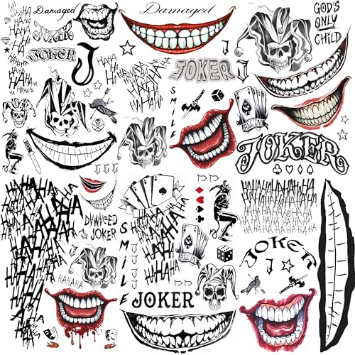 COKTAK 6 Sheets Clown Jok Temporary Tattoos For Men Women Halloween Makeup Kit Cosplay Costume 3D Halloween Face Tattoos Prison Prisoner Inmate Gothic Rapper Gothic Fake Clown Jok Tattoos Sticker