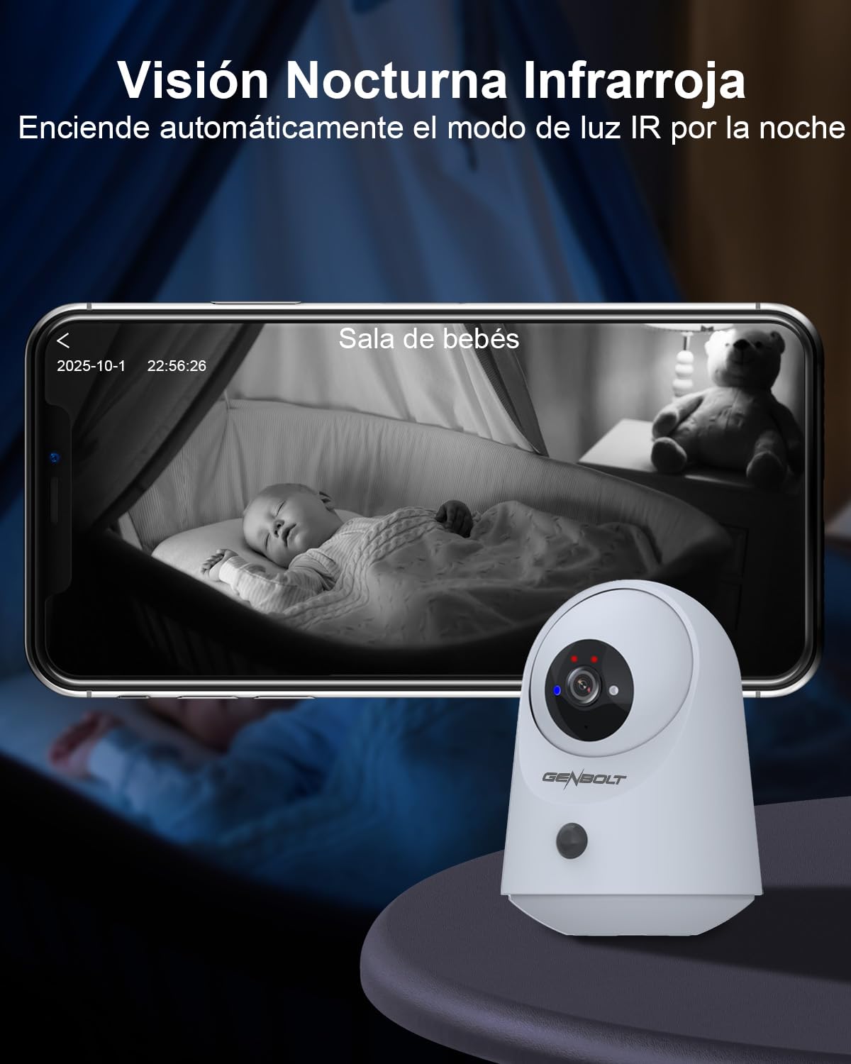GENBOLT 2K WiFi para Interiores Cámara de Seguridad, cámara para Mascotas | Panorámica e inclinación, alimentada por batería de 5000 mAh, detección PIR