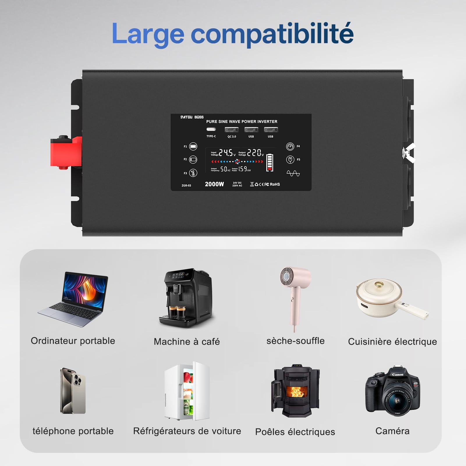 DATOUBOSS Convertisseur 24v 220v Pur Sinus 2000W，Transformateur 4000W Crête, Onduleur avec 2 Prises UE, 4 USB Ports (1x QC3.0, 1x USB-C, 2x USB-A), Tlécommande, Écran LCD，pour Voiture, Camion, Camping