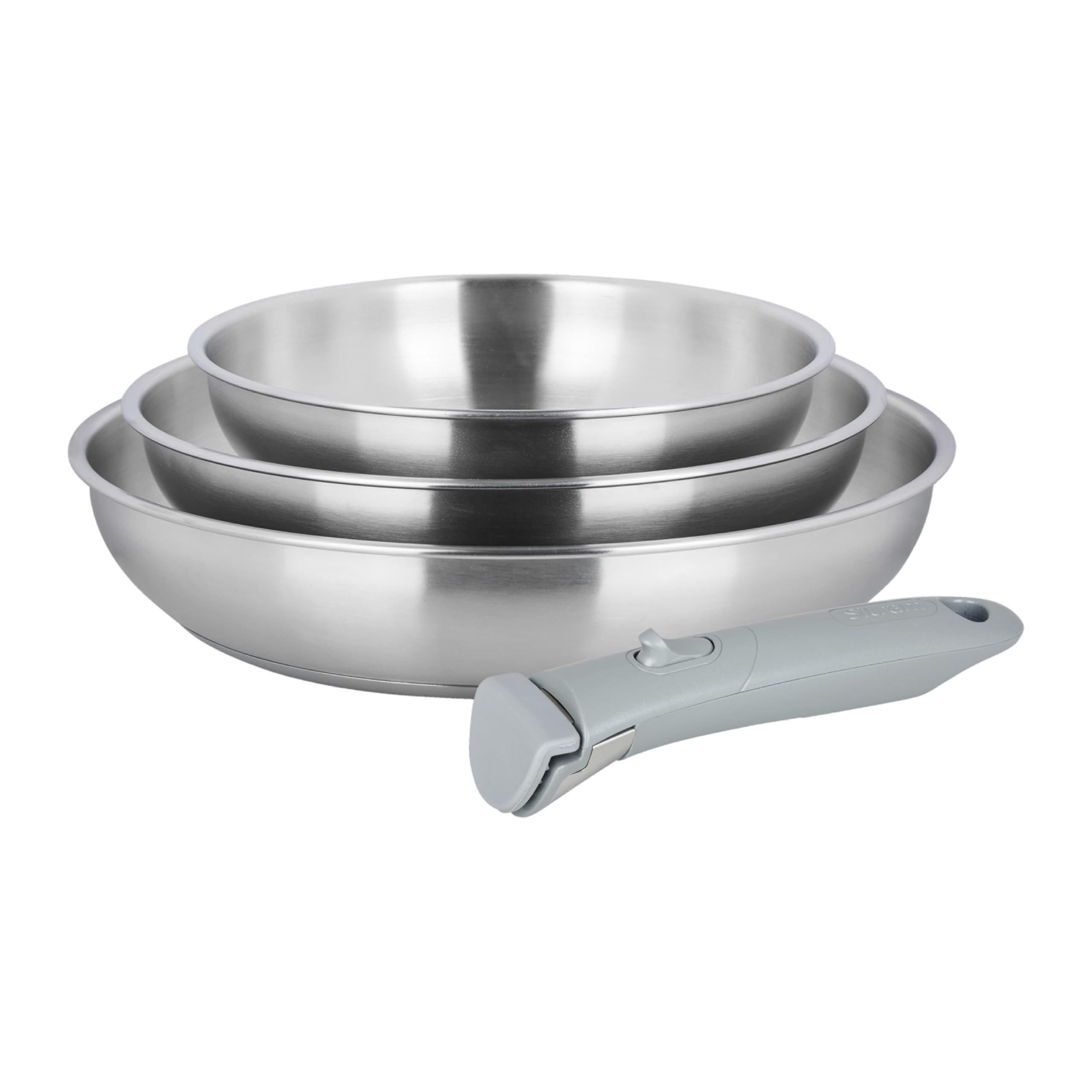 Sitram 716942 Lot de 3 Poêles 100% Acier Inoxydable ARPEGE Ø 20,24,28 cm Ext. Miroir - Cuisine saine car SANS Revêtement Anti-adhésif nocif - manche amovible SITRAMOVIBLE - Tous feux dont Induction