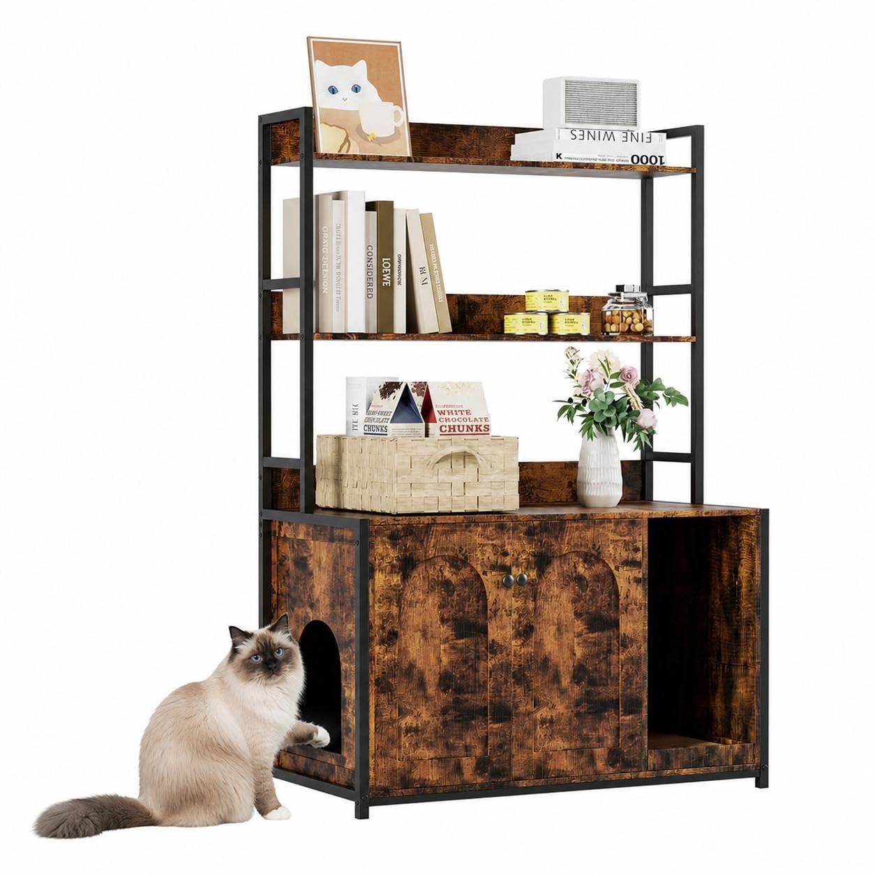 Katzenklo Schrank, Versteckte Katzentoilette Möbel aus Holz | Katzenhaus, Beistelltisch mit Katzentoilette, mit 2 Ablagen und Seitentür, mit Kratzbrett, 89 x 45 x 132 cm