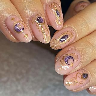 Press on Nails Short Almond Nude Pink Fake Nail with Glitter Gold Purple Moon Design on Nail for Women Girls Acrylic False Nails Stick on Nails Manicure Press on Nail for Wedding 24Pcs
