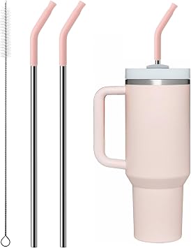 Metal Straw with Silicone Tip for 40oz Stanley Cup, 2 Pcs Stainless Steel Straws Replacement for Stanley 40 oz Adventure Quencher Travel Tumbler Cup, 1 Straw Brush Light Pink