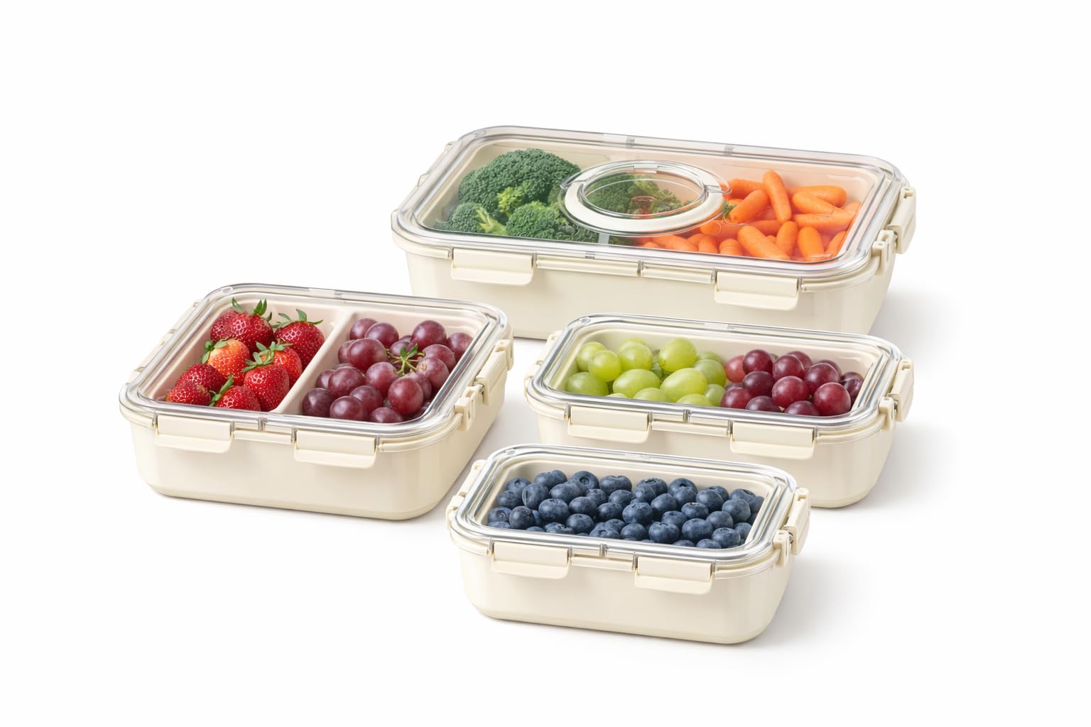 Vasukie Divided Fridge Storage Boxes With 4 Serving Veggie Tray with Lid and Handle, Fridge Organizer with Removable 4 Compartment, Fridge Storage Containers (4PC Combo)