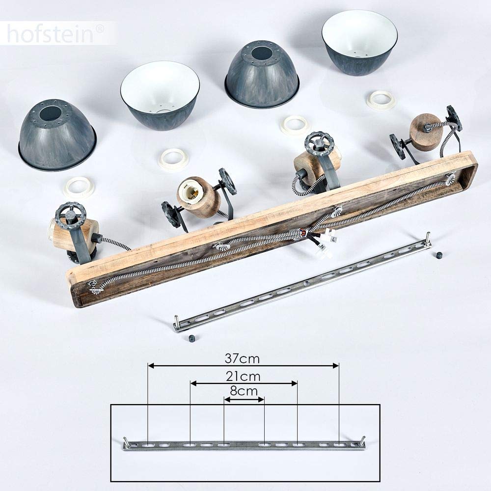Lampada da soffitto Orny, spot da soffitto a 4 luci in legno e metallo in grigio, lampada da interno in stile industriale/vintage, 4 x E27, le teste