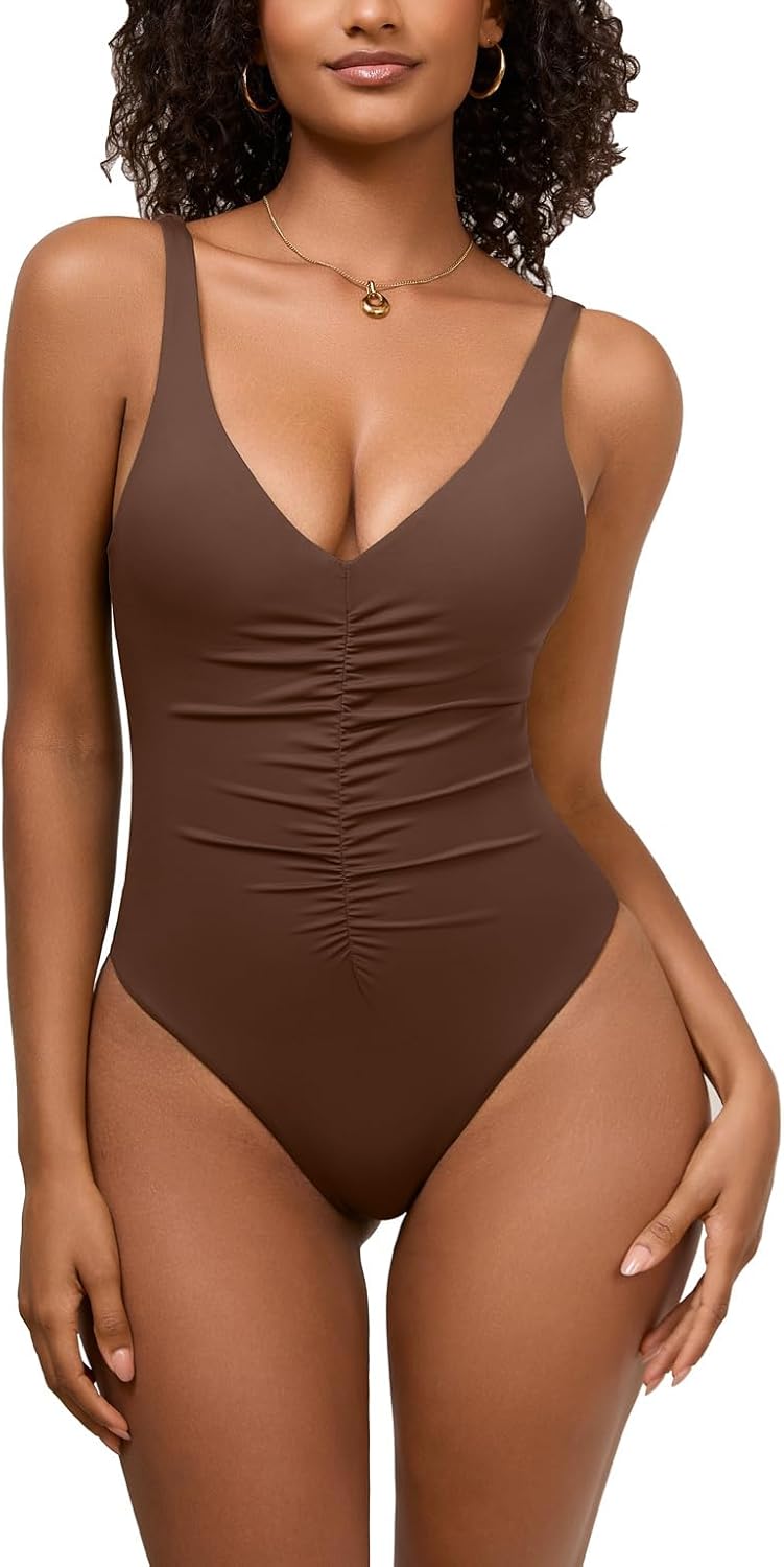 One Piece Swimsuit for Women Sexy V Neck Ruched Push Up Tummy Control Bathing Suit