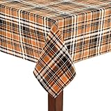 Nantucket Halloween Tablecloth Orange, Black, White Plaid with Top-Stitching (60 Round)
