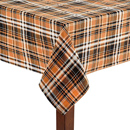 Nantucket Halloween Tablecloth Orange, Black, White Plaid With Top-Stitching (60 Round) #TOP8