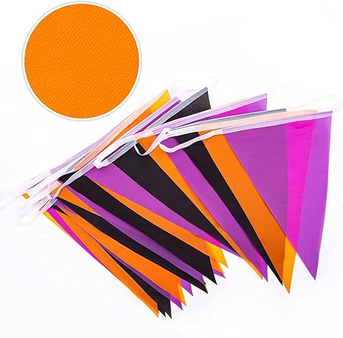 Miniatura 6 de 144 banderines de Halloween de 132 pies de banderines triangulares, banderas de tela morada, naranja, negra, guirnalda de banderines de tela de