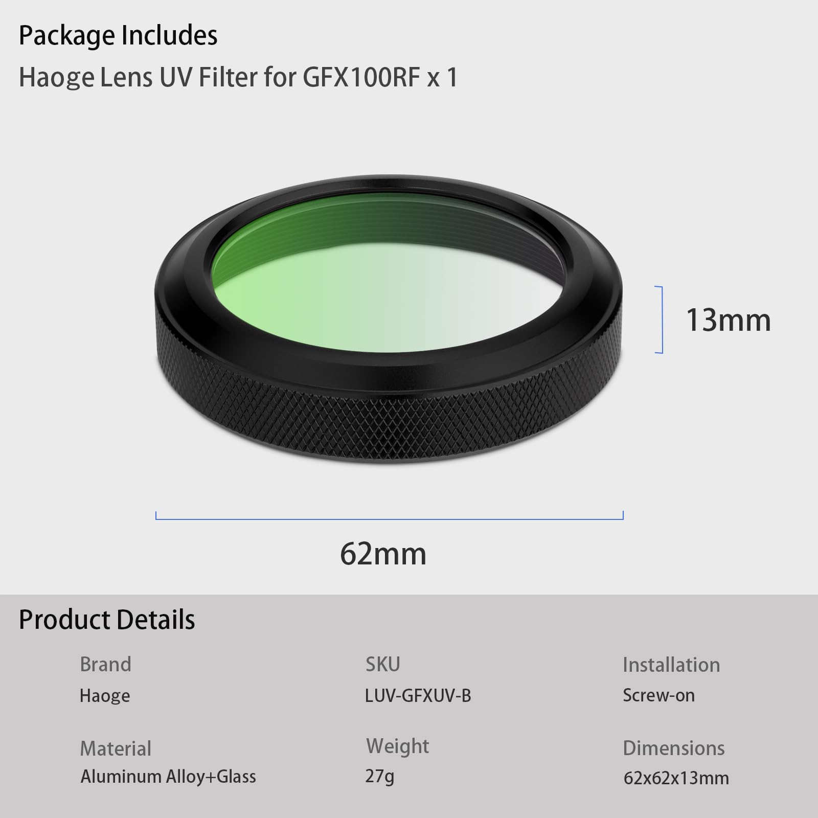 Haoge MC - Filtro di protezione UV per fotocamera for Fujifilm GFX100RF, compatibile con copriobiettivo originale, LUV-GFXUV-B, non è necessario alcun adattatore per paraluce, nero