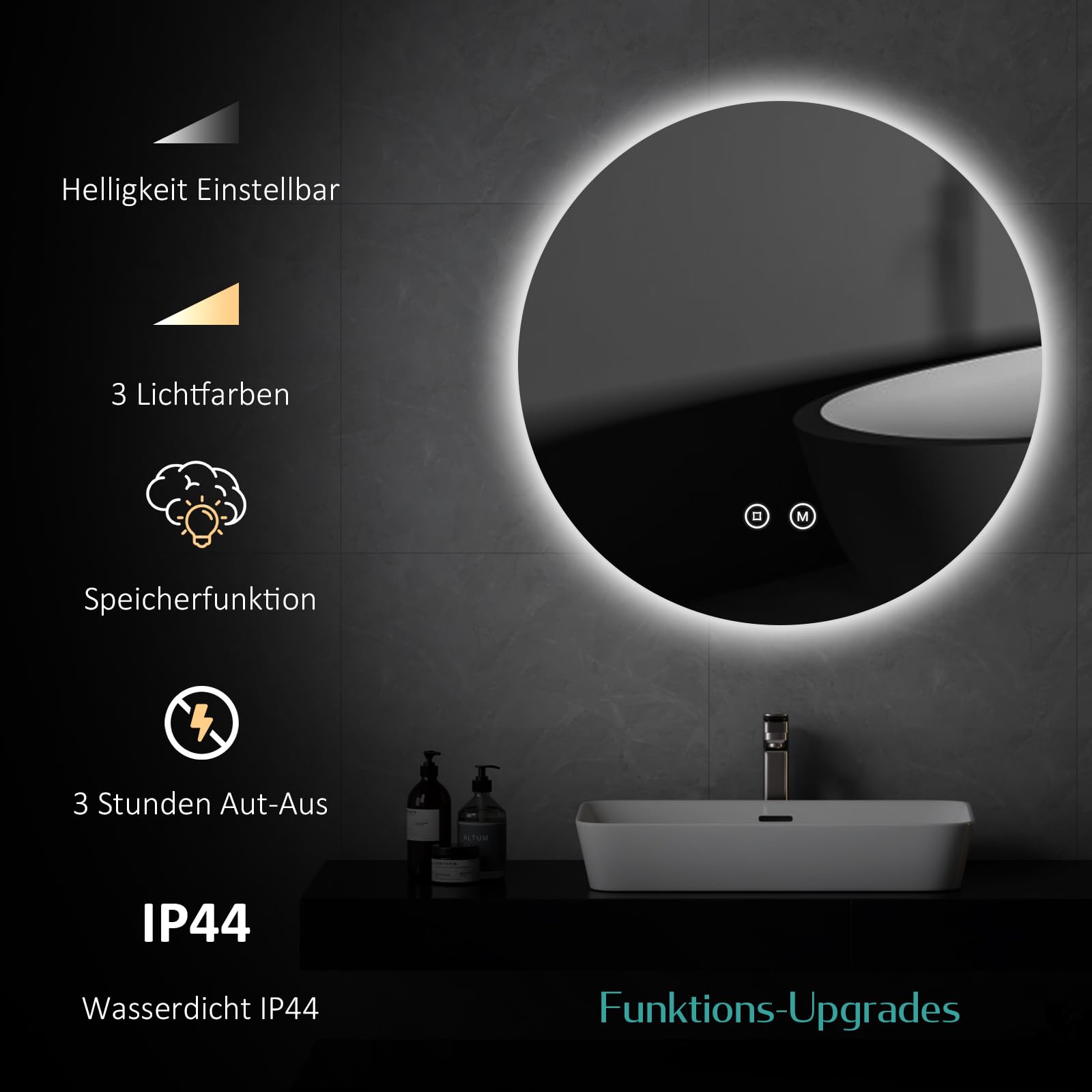 Specchio da bagno LED rotondo da 24 pollici con cornice nera e sensore