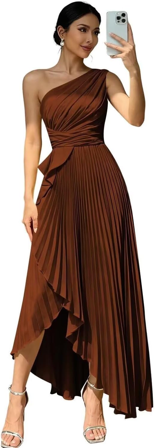 Ruffles Long Bridesmaid Dresses for Women Pleated One Shoulder Satin A Line Formal Evening Dress with Slit