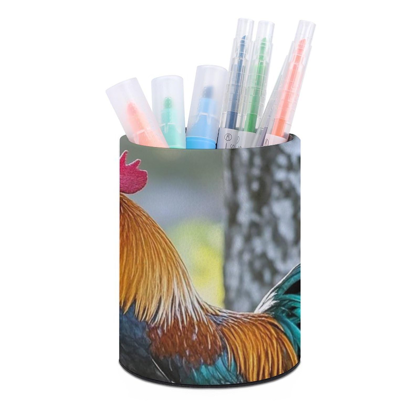 FekiLoot PU Leather Round Pen Holder Beautiful Rooster Hen Pencil Holder Desk Organizer Pen Organizer Pen Cup Pencil Cup Caddy Desktop Stationery Organizers for Office Home Supplies