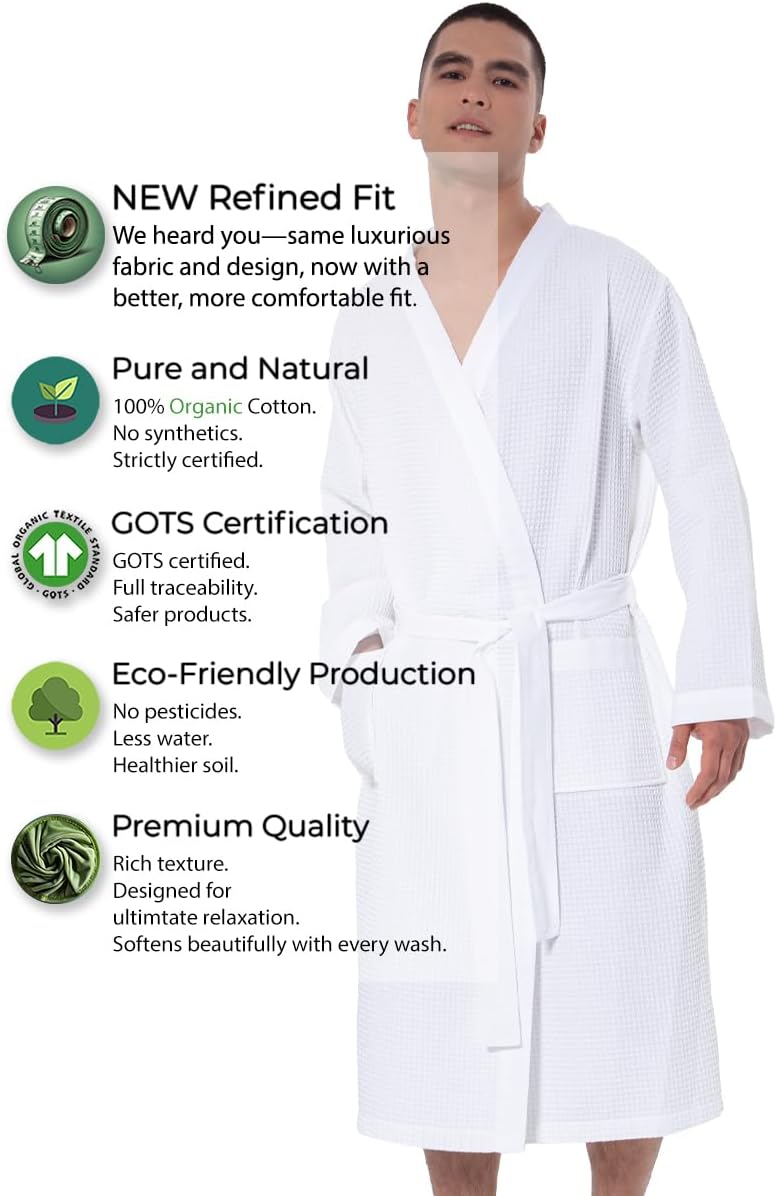 SEYANTE Turkish Cotton Waffle Robe for Men – Organic GOTS Certified Spa Bathrobe, Lightweight Kimono, Soft Cotton Bathrobe – White, Size Medium