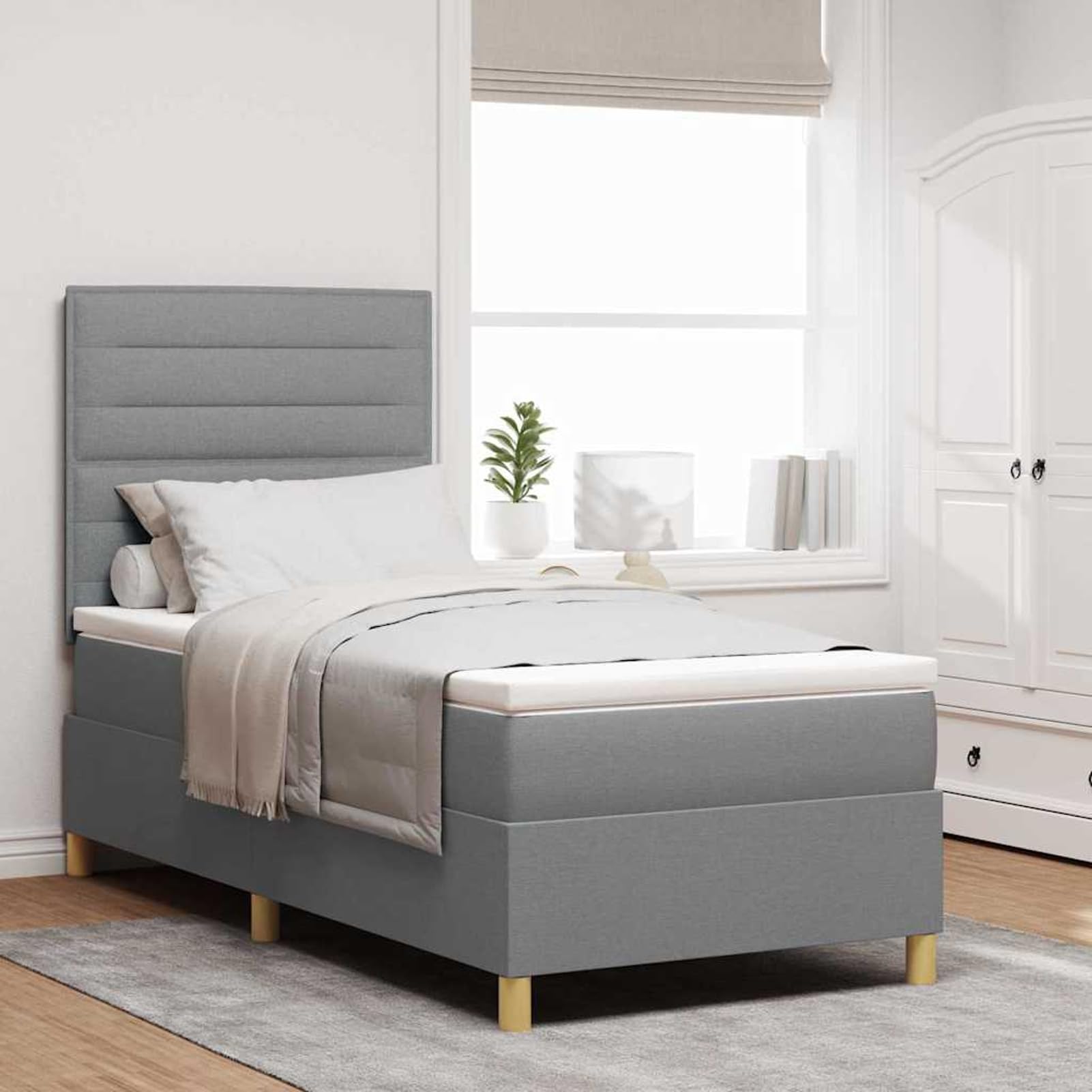 Fasba Cama Box Spring con Colchón y Luz LED Gris Claro 100x200 cm Tela