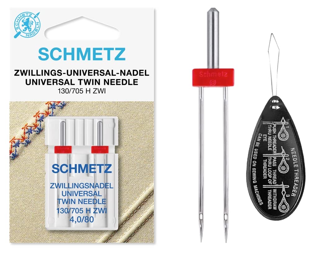 (Universal) Twin Sewing Machine Needle, Size 4.0/80, Pack of 2 Needles, Includes Large Needle Threader