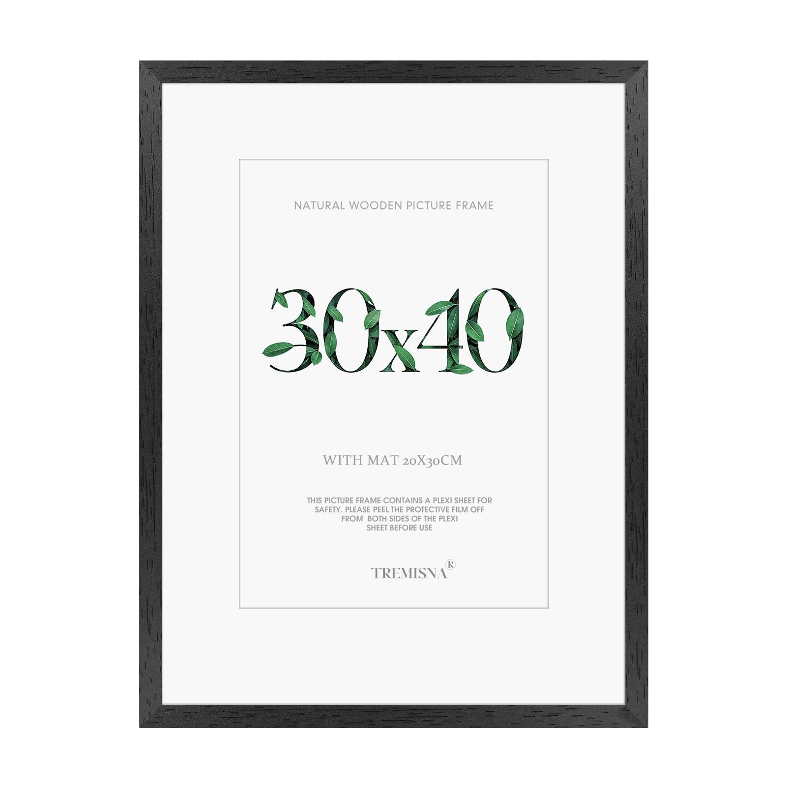 Tremisna® 1x Black Wood 30x40 Picture Frames，with Removable Mat for A4 Prints or Without Mat for 30x40 Photos, HD Perspex Included– Wall Mountable