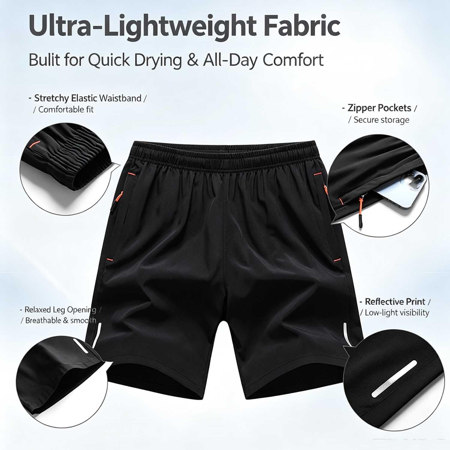 Ice Silk Quick-Dry Athletic Gym Shorts Men's 5 Inch Inseam Shorts 3 Pack | Ultra oddychające lodowe jedwabne szorty dla mężczyzn, lekkie, zapinane na zamek błyskawiczny, do treningu i biegania
