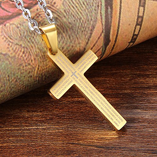 Cupimatch Mens Gold Tone Cross Necklace Stainless Steel Pendant Religious Lord's Prayer Cross Pendant With 22" Chain #TOP1