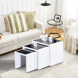 Nest of Tables High Gloss Nesting Tables with Tempered Glass Top Coffee Tables 3 Pieces End Table Set