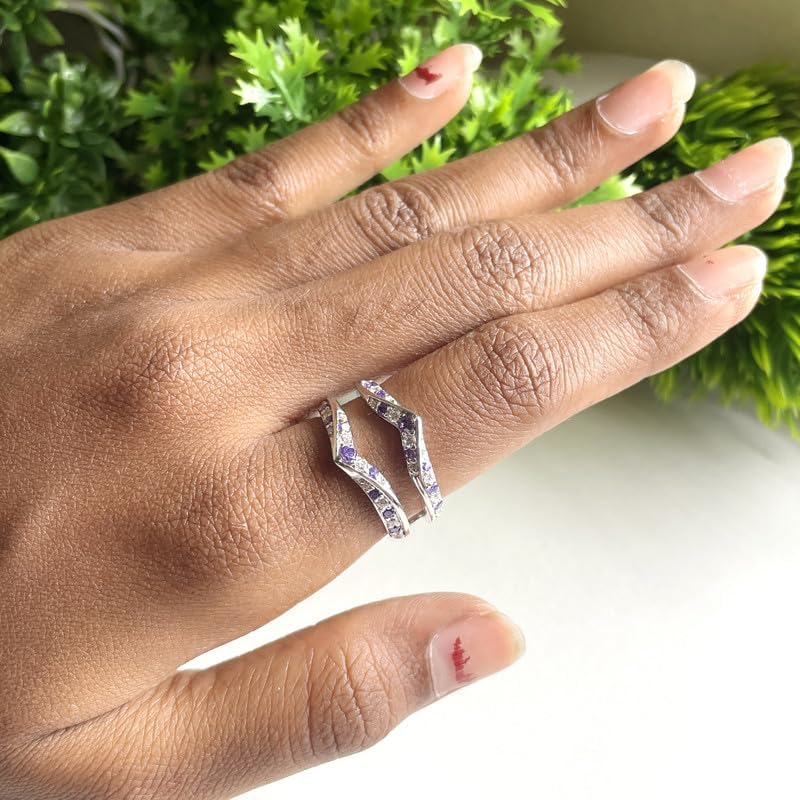 Purple Amethyst & White Diamond V Shaped Enhancer Guard For Women, 14k Gold Finish Amethyst Anniversary Wrap Ring, Anniversary Band