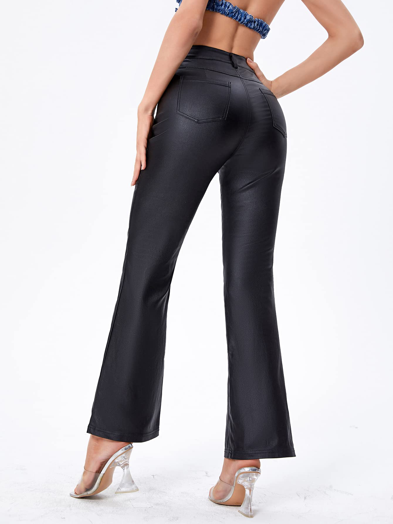 MakeMeChic Women's High Waist Pockets Straight Leg Jeans Leather Look Pants