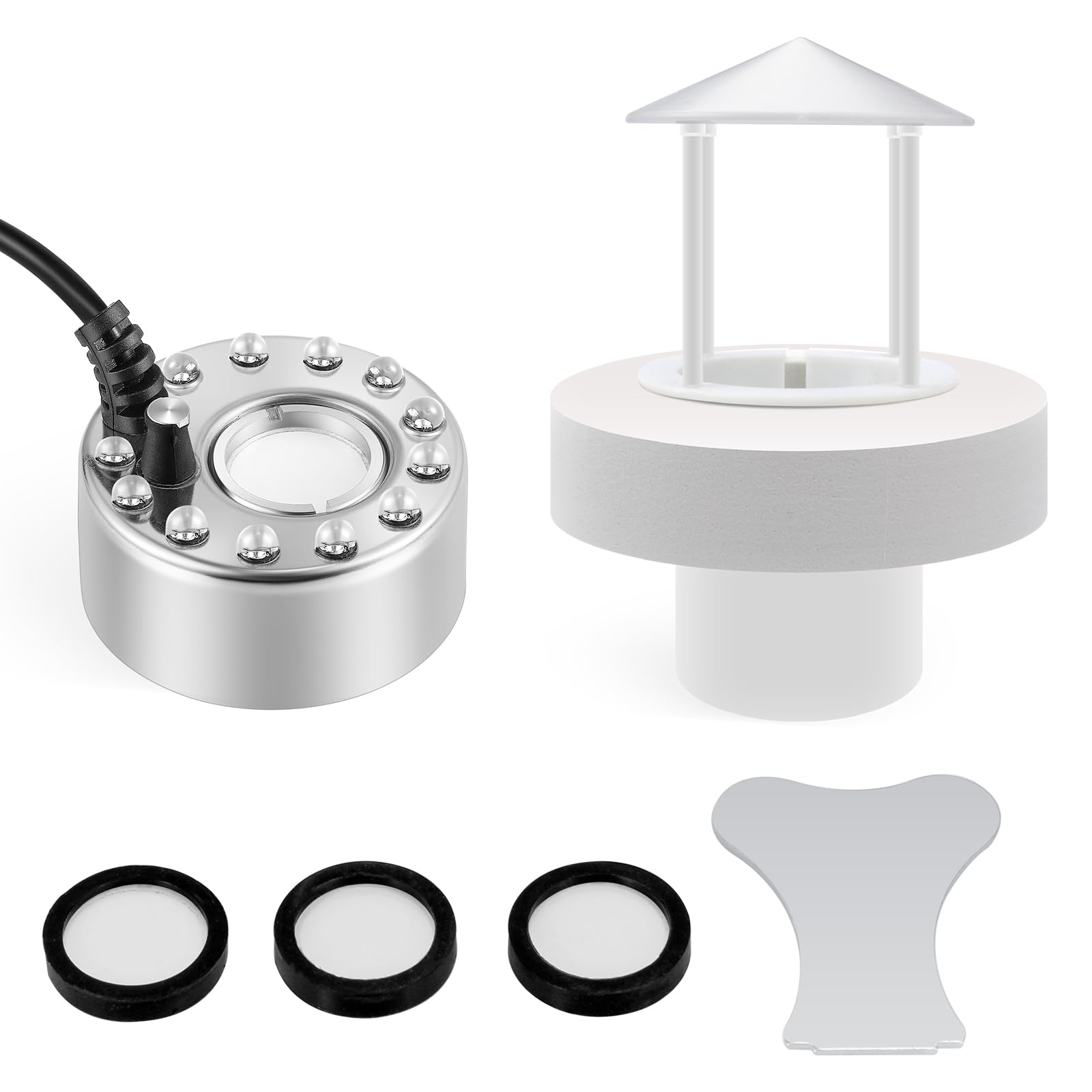 Mxmoonant 12 LED Nebulizzatore ad ultrasuoni 350ml/H DC 24V con Protezione dagli Spruzzi d'Acqua e Galleggiante per Acquario laghetto rocciosolavello roccioso (Kit Completo)