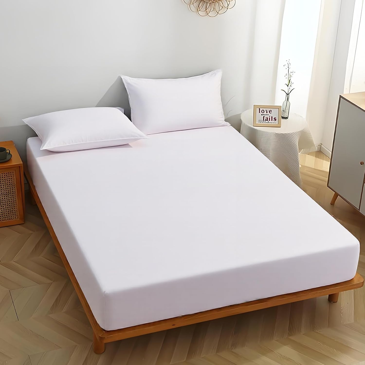 Double Fitted Sheet Deep – White Bottom Sheet Extra Deep Pocket 16 inch 40 cm, Soft Microfiber Double Bed Sheet Wrinkle Resistant & Breathable