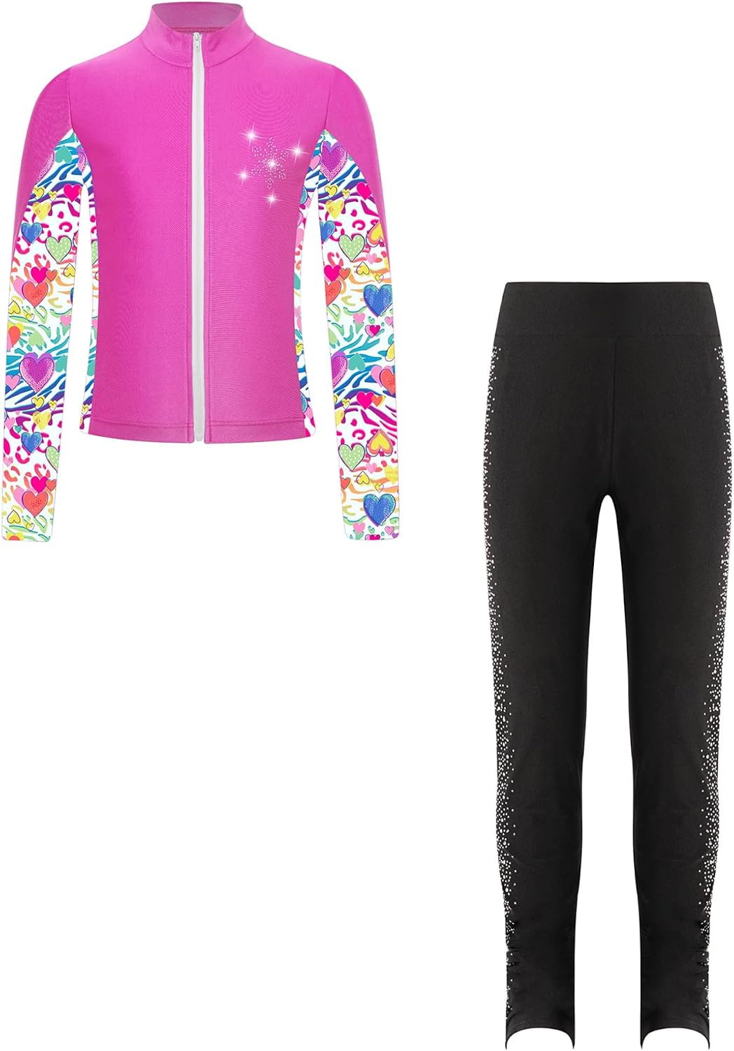 Hansber Kids Girls 2 PCS Figure Skating Sport Outfits Long Sleeve Full Zip Jacket Sweatshirt and Leggings Set Sportwear