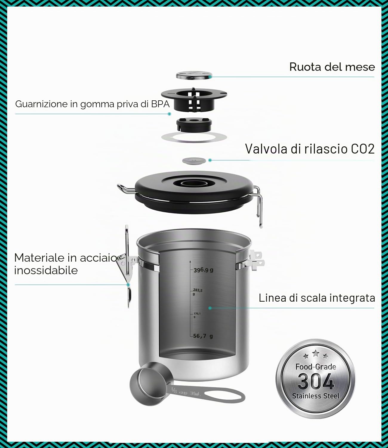 Coffee Gator Contenitore per caffè in acciaio inossidabile 1300 ml, contenitore ermetico con coperchio, indicatore di data, valvola di rilascio di CO2, cucchiaio dosatore