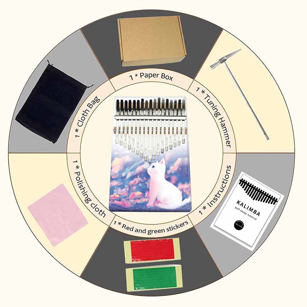 Kalimba 17 clés Instrument de Musique, Portable Pouce Piano Africain Marimba Kalimba Cadeau Kit avec Accordeur pour Enfants Débutant Amateurs de Musique - Imprimé animalier (chat blanc)