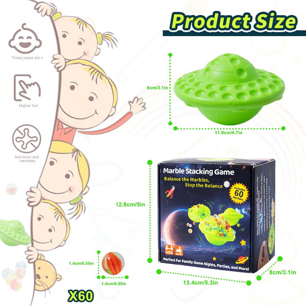 Gioco di biglie per bambini e adulti – 60 biglie di vetro colorate con base instabile e contenitore – Giochi di abilità famigliare da 1 a 4 giocatori