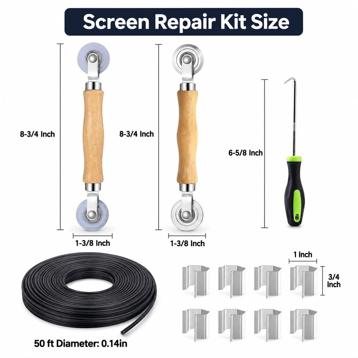 Reparatur-/Ersatz-Set für Fenstertüren, King&Charles beinhaltet schwarzes Fliegengitter, 121,9 x 299,7 cm + 2 Rollen + 15 m Spline, 8 Clips + Haken, 6-in-1-Fenstergitter-Set, Stahl/Nylon-Lagerrolle