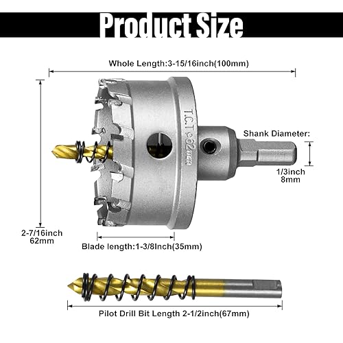 Miniatura 58 de SALI Kit de sierra perforadora TCT de 2-1/8 pulgadas (2.126 in) con punta de carburo de tungsteno con broca piloto chapada en titanio para metal