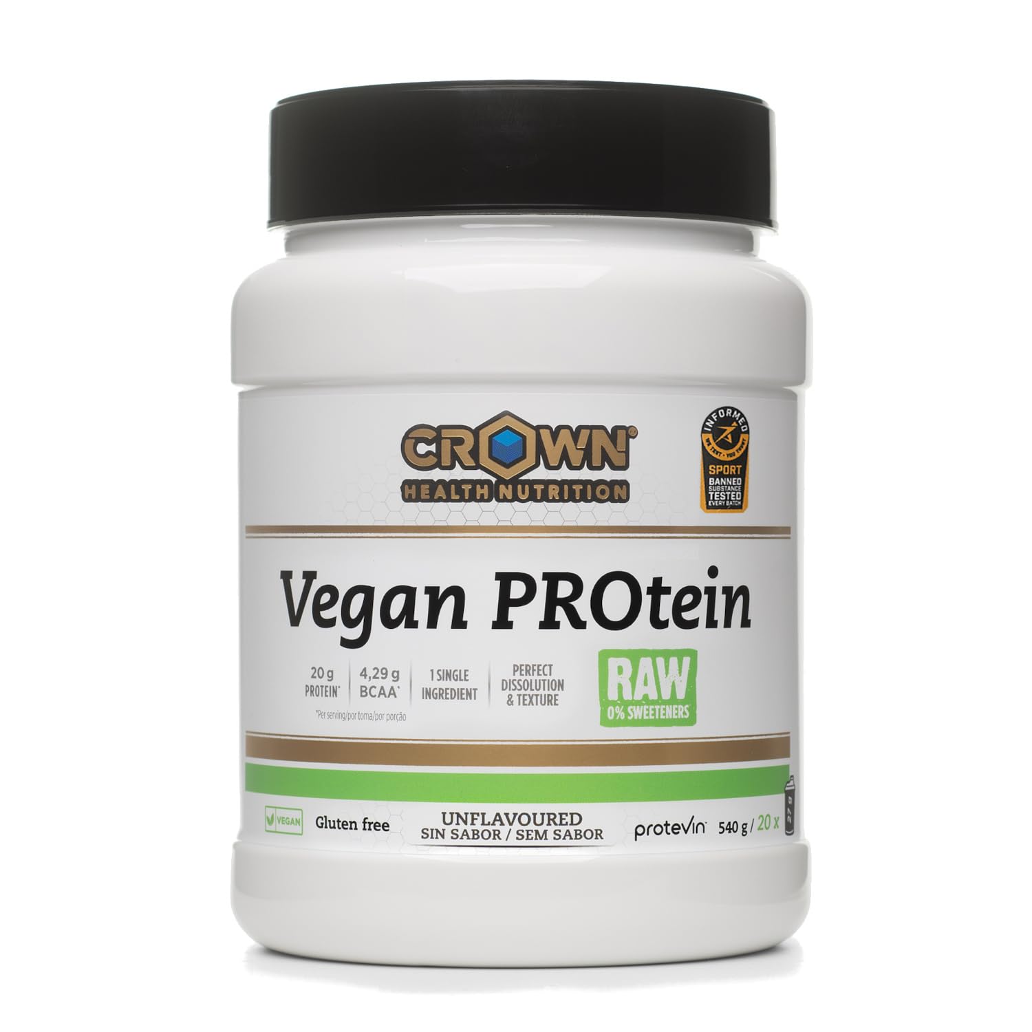 Crown Sport Nutrition Vegan PROtein Raw - Innovadora proteína vegana de alto rendimiento hecha a base de proteína de levadura (Saccharomyces Cerevisiae) (Bote de 540g (20 tomas), Sin sabor)
