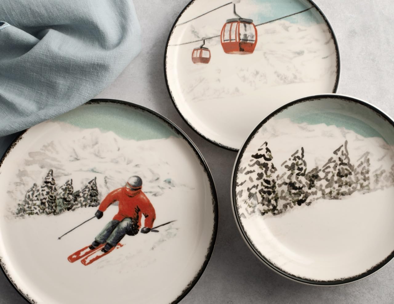 H&H Service de Table Noël 12 Pièces Winter Escape en Grès - Assiettes Plates, Creuses et à Dessert - Illustrations Vintage de Skieurs, Idéal pour Créer une Table Élégante et Moderne pour Noël
