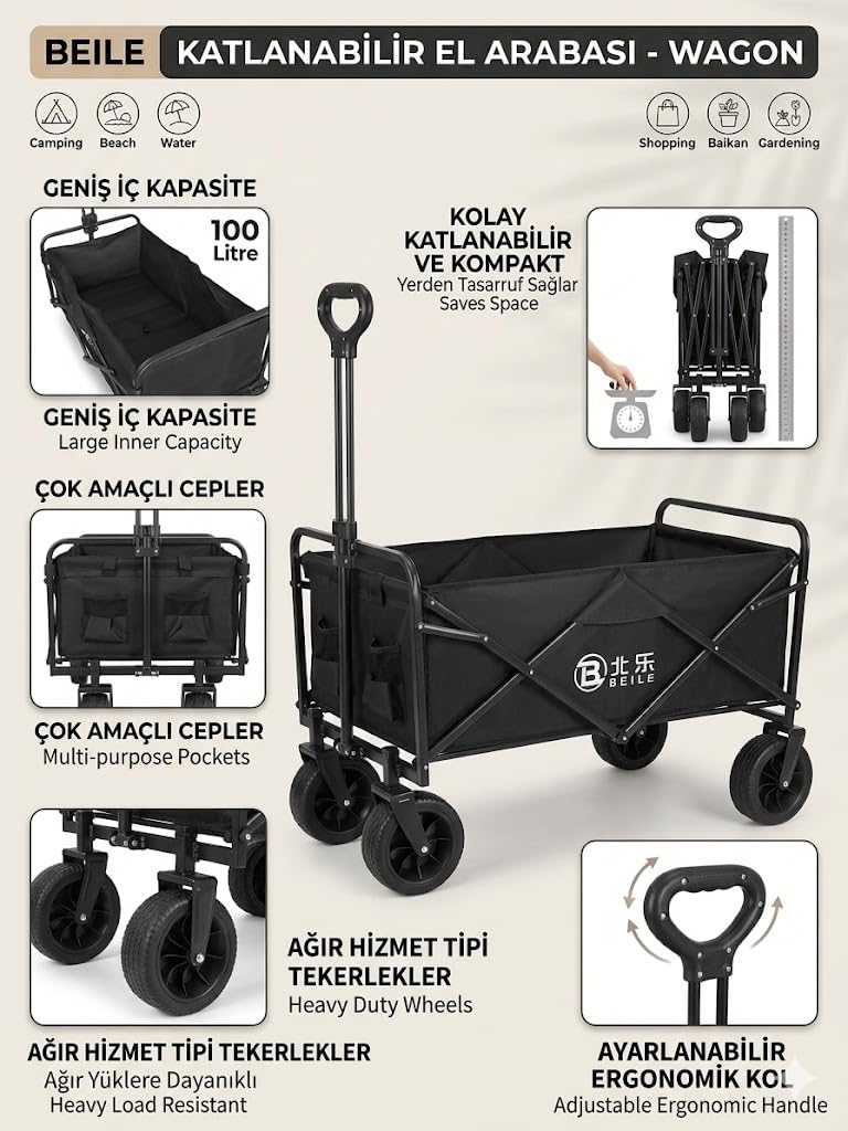 Hannah Katlanabilir El Arabası Wagon 100L | Ağır Hizmet Tekerlekli, Ergonomik Saplı, Çok Amaçlı Cepli | Kamp Plaj Alışveriş Bahçe Oxford Su Geçirmez Kumaş