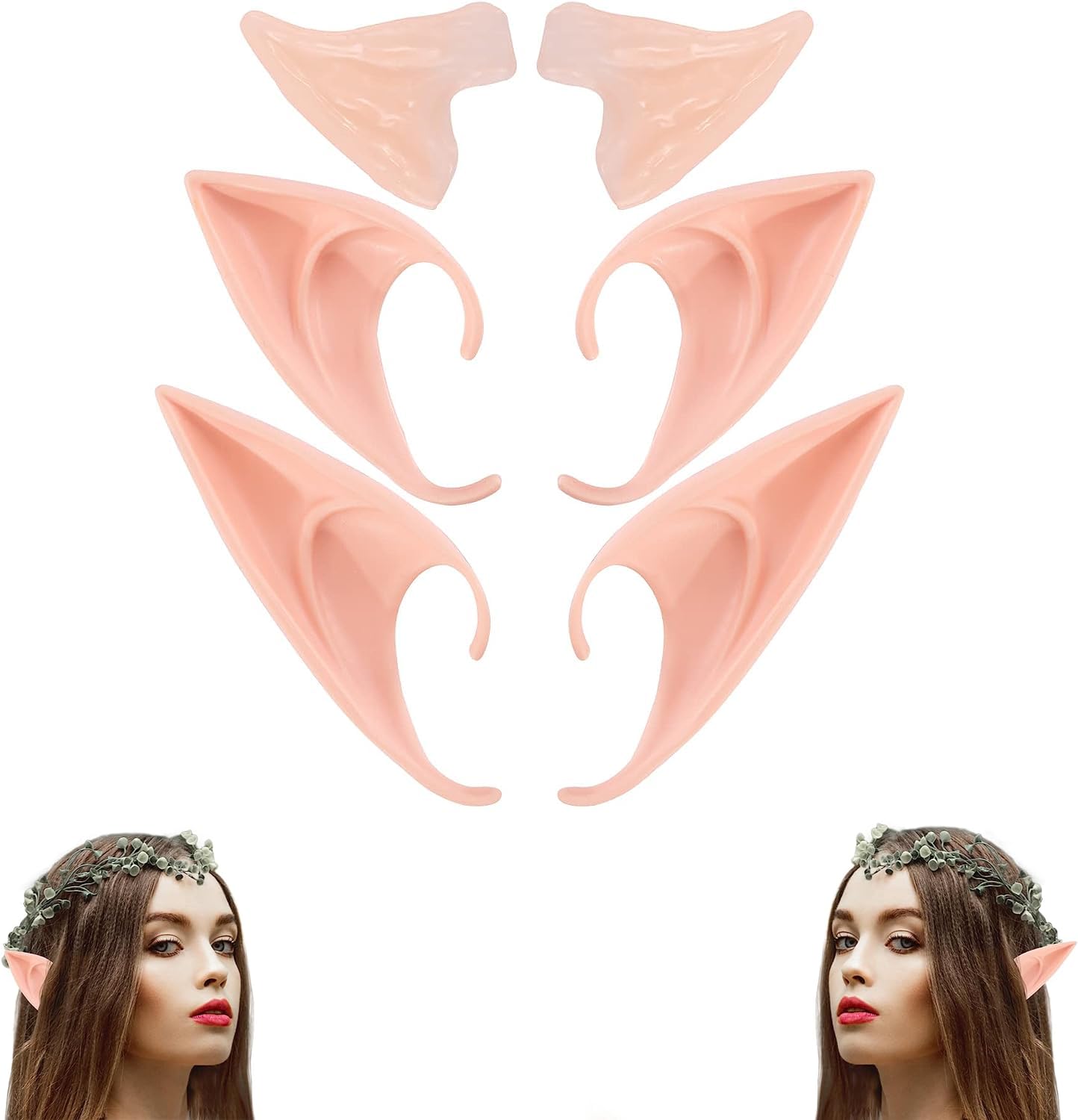 Fairy Pixie Elf Ears - Cosplay Latex Soft Pointy Ear Tips, Small & Short & Long Elven Vampire Fake Ear for Women Kids Halloween Christmas Party Dress Up Costume Masquerade Accessories (3 pairs)