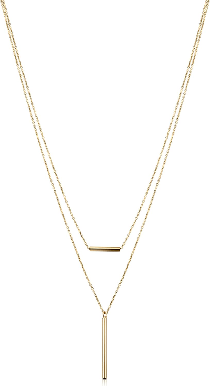 14k Yellow Gold Horizontal and Vertical Tube Layer Necklace for Women (adjusts to 17 or 18 inch)