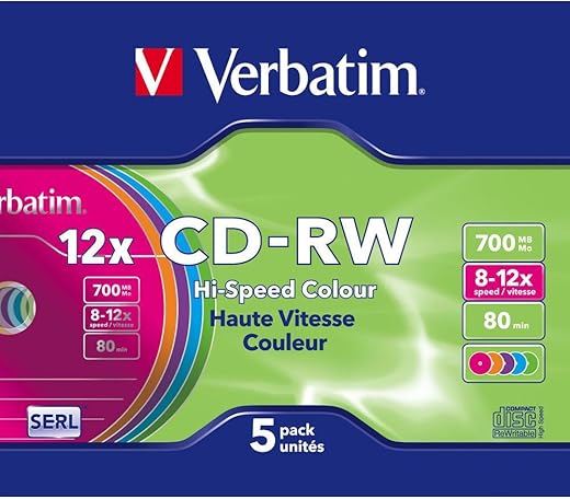Verbatim 43167 Compact Rewritable Disc CD-RW DataLifePlus 8-10X 700MB Colour (Pack of 5 Slim Case)