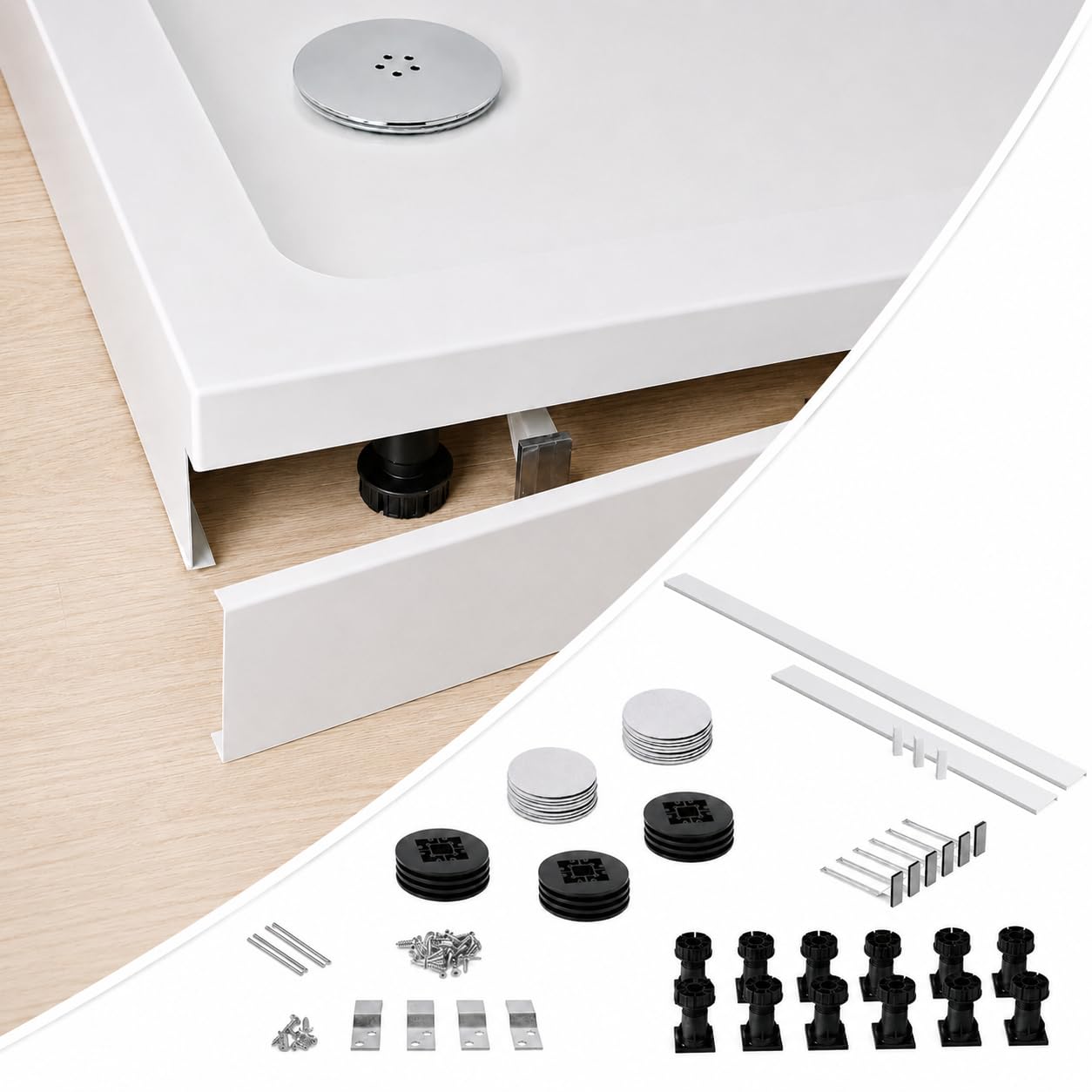 PVC Shower Tray Riser Kit, 95mm Height, Plastic Shower Tray Plinth & Support Legs Pack for Rectangle Trays, Up to 1700mm
