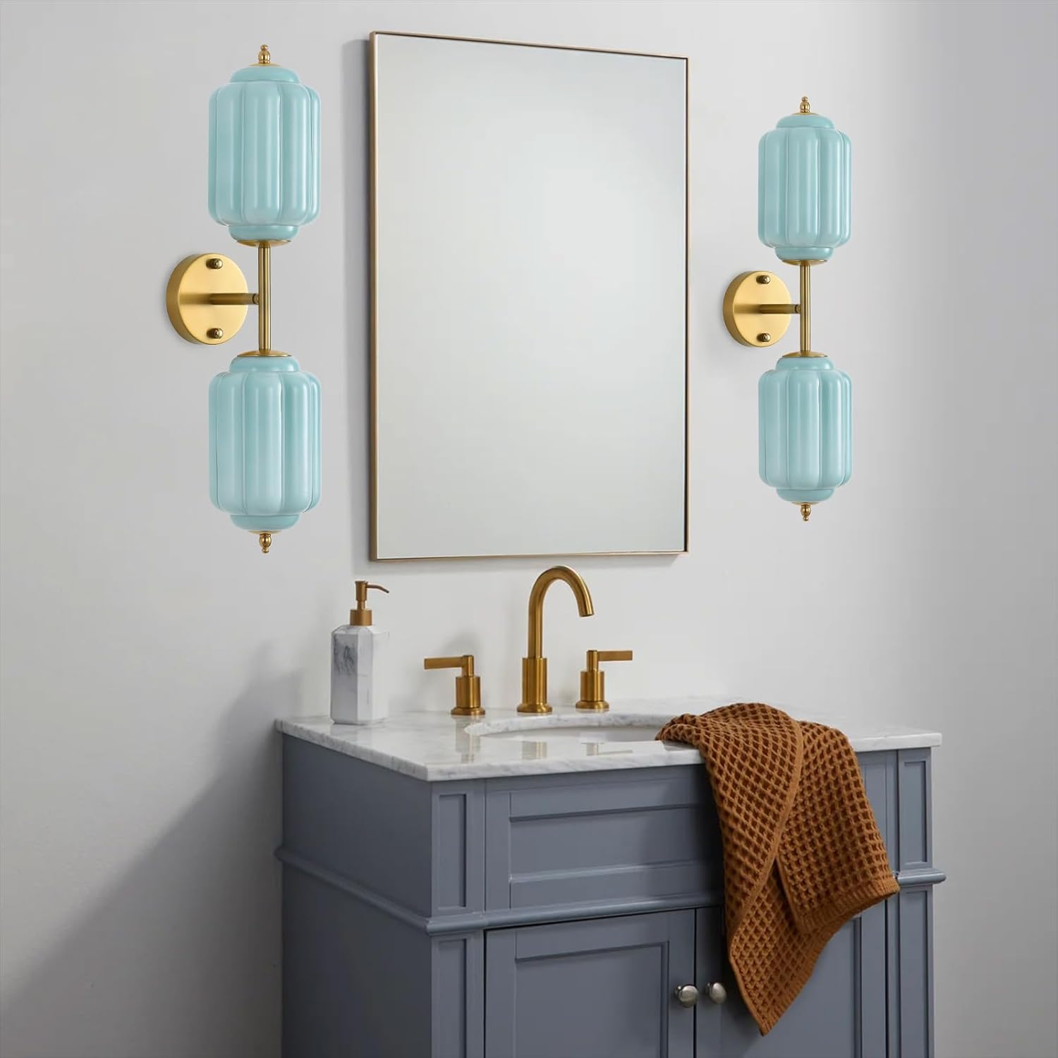 Vintage Blue Glass Vanity Light Wall Sconce with Brass Finish Base Glass Shade 2 Light Wall Sconce Lighting for Mirror, Kitchen, Living Room,E12Base