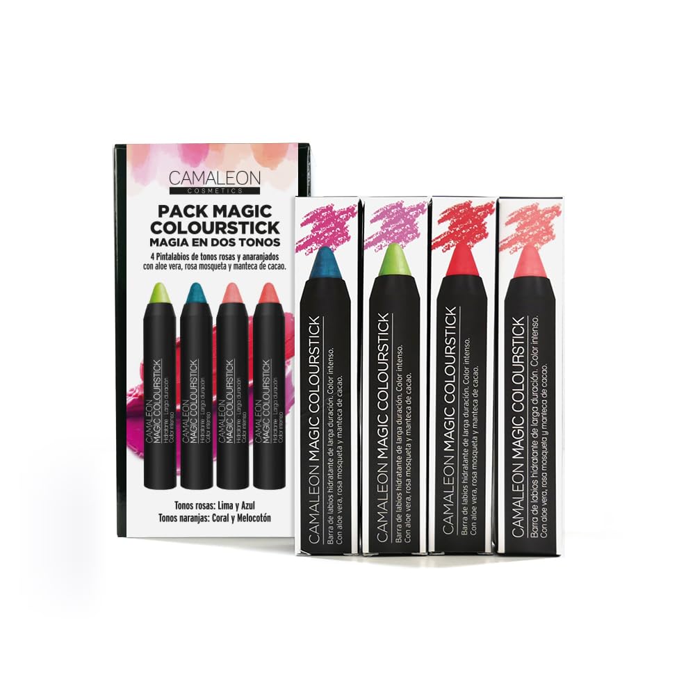 Camaleon Cosmetics - Pack 4 Pintalabios Magic Colourstick - Dos Tonos - Anaranjados y Rosados - Color: Coral, melocotón, azul y lima.